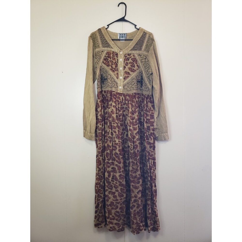 VTG MPH Womens M Maxi Dress Brown Embroidered Hippie Boho 100% Rayon Lightweight
